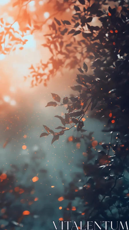 Cinematic bokeh-lit foliage in vertical dusk composition.