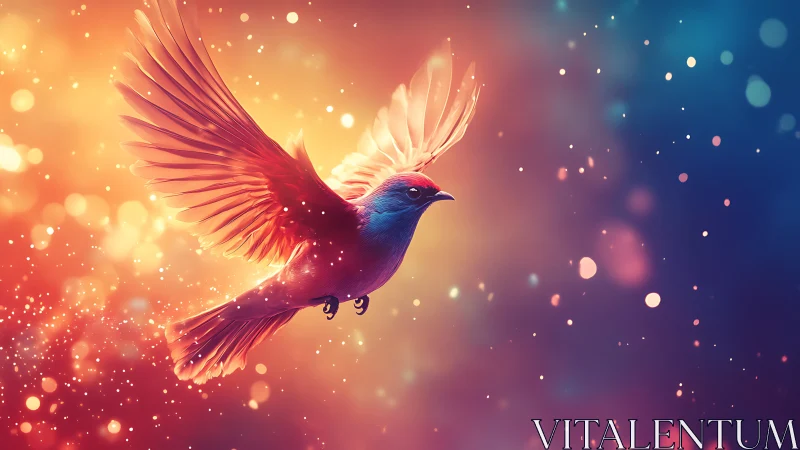 Vibrant bird in flight amid glowing lights, digital fantasy art.