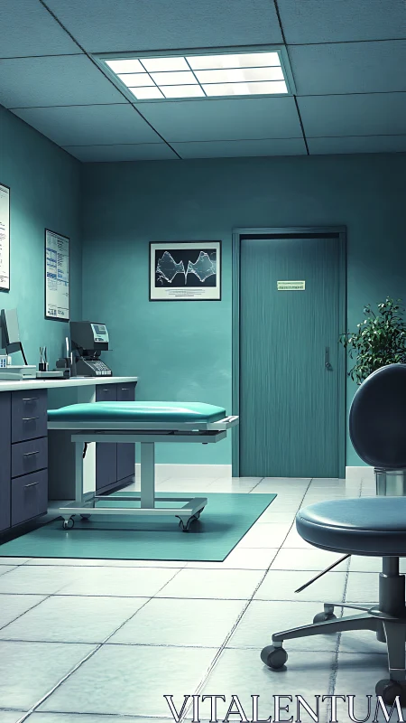 Clinical examination room rendered with cool teal chromatic lighting