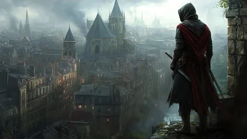 Hooded rogue surveys foggy gothic city from stone ledge