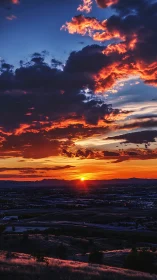 Fiery clouds crown a glowing sunset above a quiet valley city