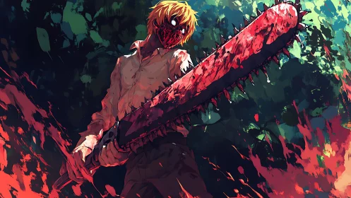 Bloody chainsaw warrior in dynamic low angle battle stance