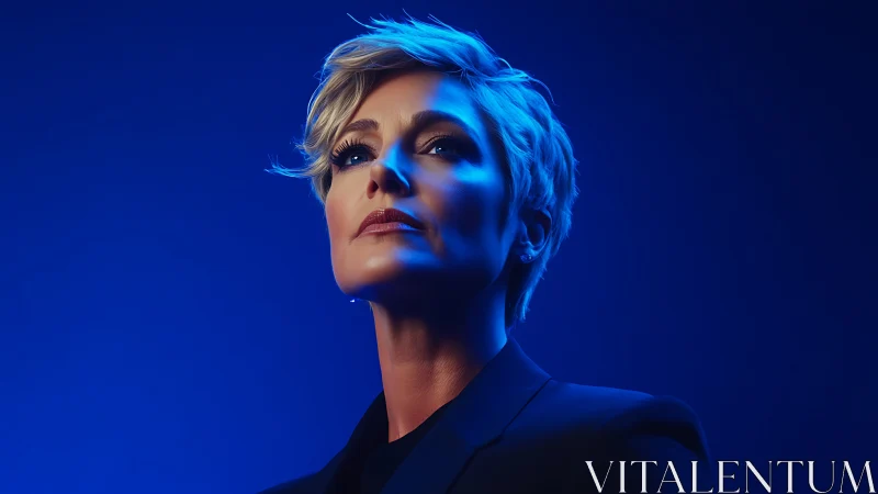 Confident woman with short blonde hair in dramatic blue lighting.