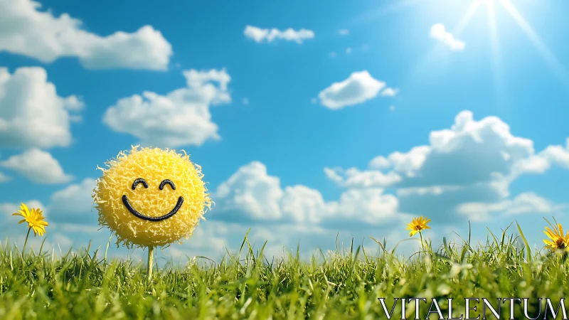Smiley face pom sphere stands in grassy field under blue sky
