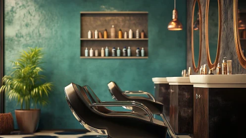 Chic teal hair salon interior glows with warm copper lighting