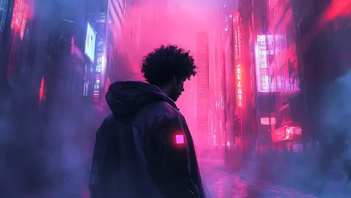 Neon drifter wanders a fog-drowned cyberpunk avenue at dusk.