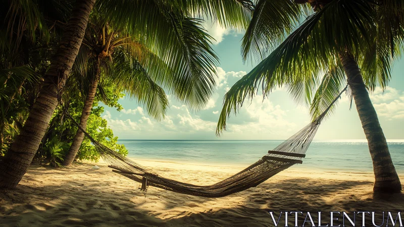 Tropical Beach Sanctuary: Hammock Beneath Palm Fronds.