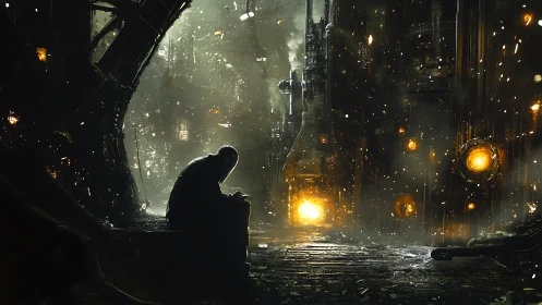 Lone watcher hunched before a roaring dystopian furnace city.