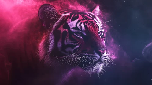 Tiger profile in pink and blue atmospheric lighting.