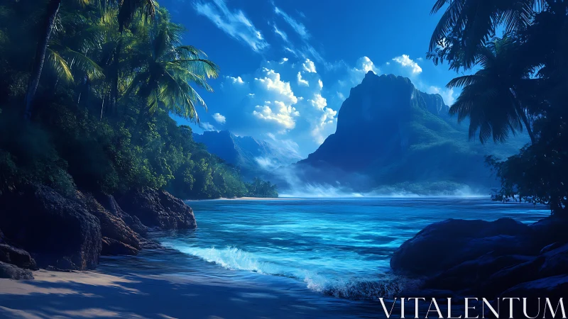 Tropical Paradise Bay. Crystal Waters Frame Mountain Peaks.