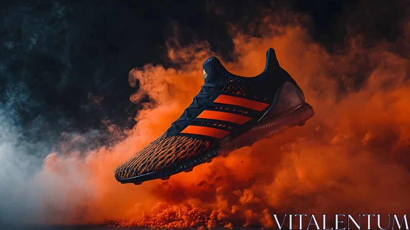 Dynamic running shoe suspended in dramatic orange smoke.