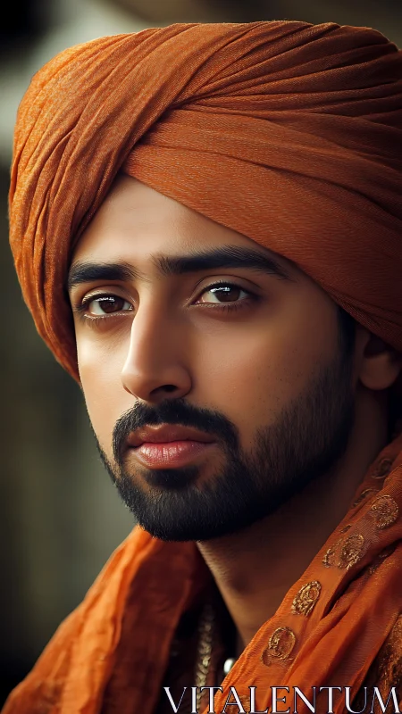 Warm portrait celebrates a thoughtful man in an orange turban