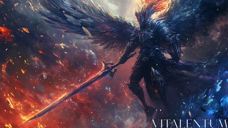 Fierce winged warrior strides between fire and storming ice