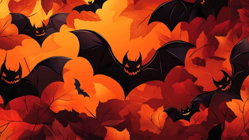 Playful Halloween bats swirling through fiery autumn leaves.
