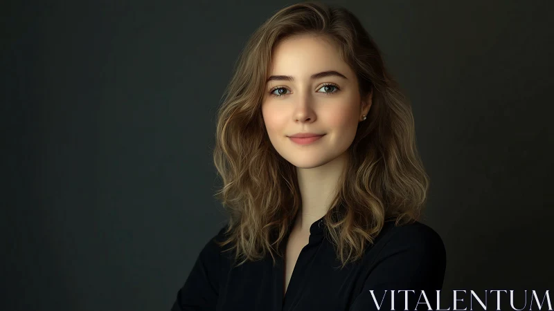 Softly lit confident woman in dark blouse against studio backdrop.
