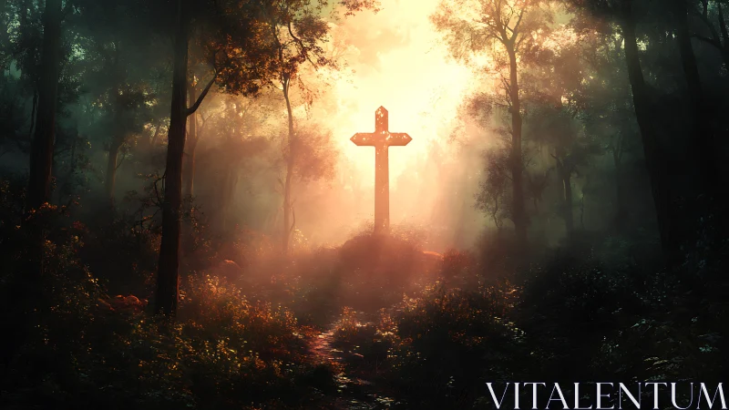 Luminous wooden cross rises in misty forest sunrise glow.