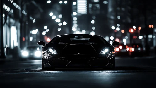 Midnight supercar slices through bokeh-lit city streets