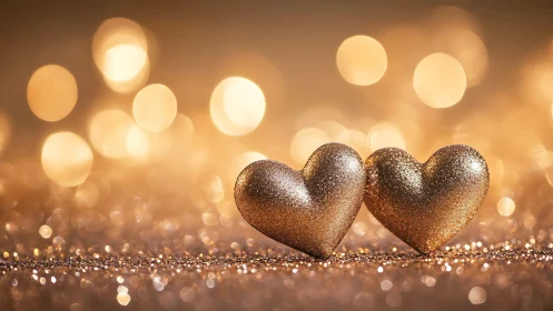 Gilded Bokeh Hearts: Luminescent Glitter Composition with Warm Ambient Light