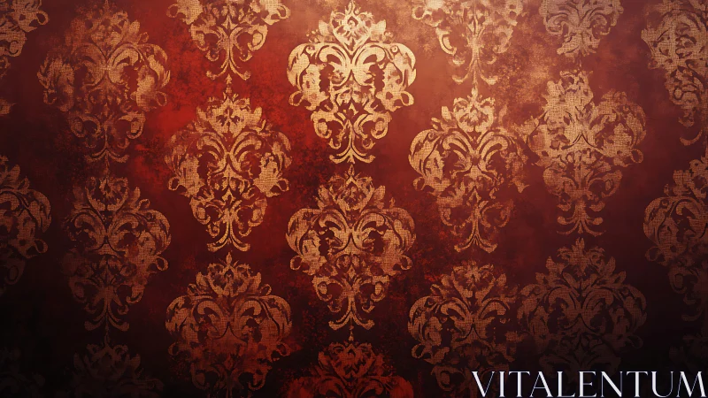 Aged red damask wallpaper with distressed gold ornamental pattern