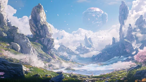 Digital painting of ethereal alpine valley and floating planet.