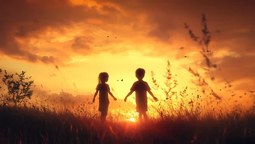 Children Silhouetted Against Golden Sunset Over Wild Meadow.