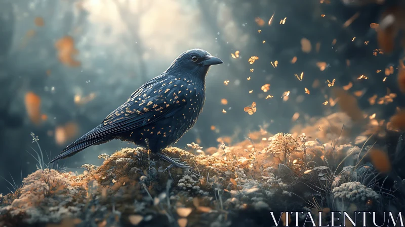 Iridescent forest bird amid golden butterflies at dusk.