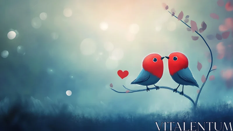 Two red-headed birds perched on branch with heart symbol.