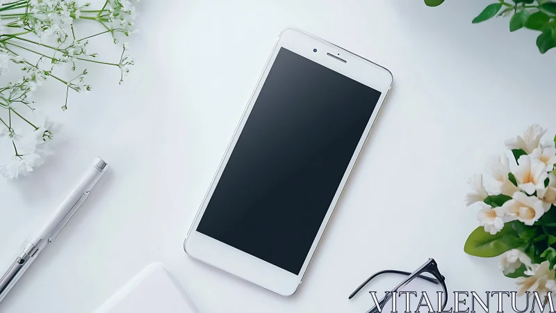 White smartphone awaits your touch amid botanical whispers