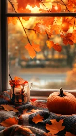 Autumn window vignette with pumpkin, cocoa and golden leaves.