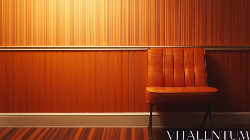 Cozy orange chair resting in a softly glowing retro nook.