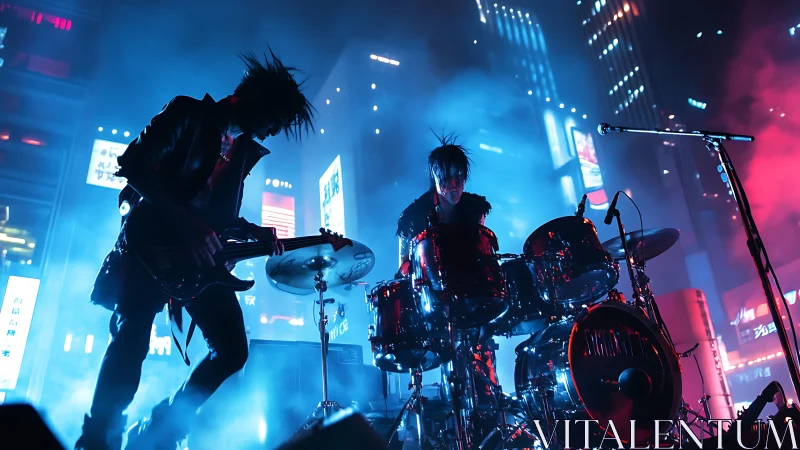 Rock band performing on city stage with neon backlighting.