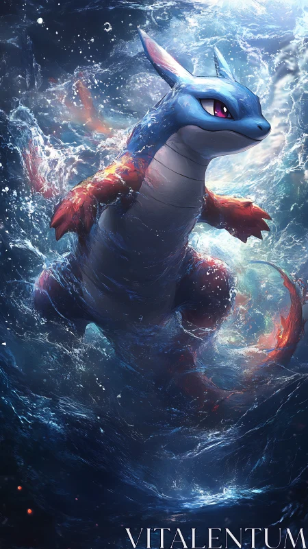 Storm-born sea dragon surges through moonlit tidal chaos.