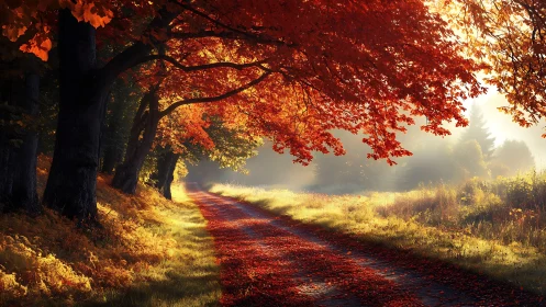 Tree-lined dirt path runs under dense red autumn foliage