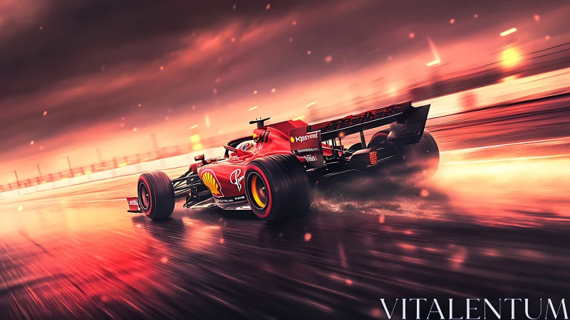 Red Formula racing car on wet track at high speed.