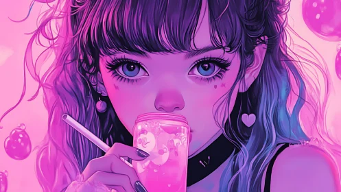 Neon-lit girl sipping glowing drink in high-saturation digital art