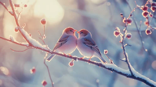 Two birds perched on frost-laden branch with bokeh background.