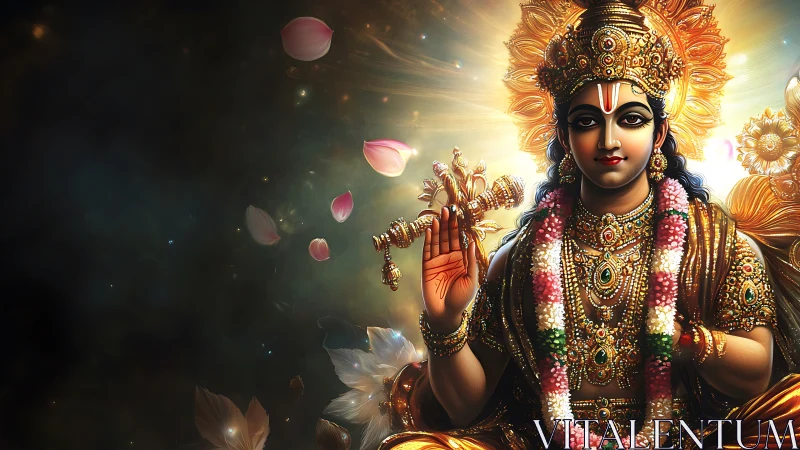 Radiant Hindu deity in ornate gold regalia with floating petals
