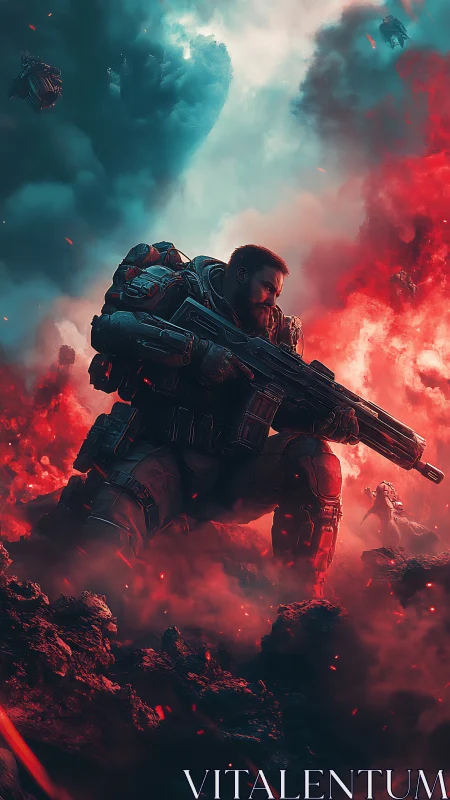 Armored space warrior kneeling in a storm of cosmic fire.