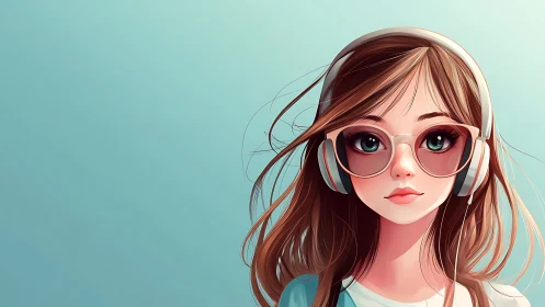 Anime girl with headphones and glasses on teal background.