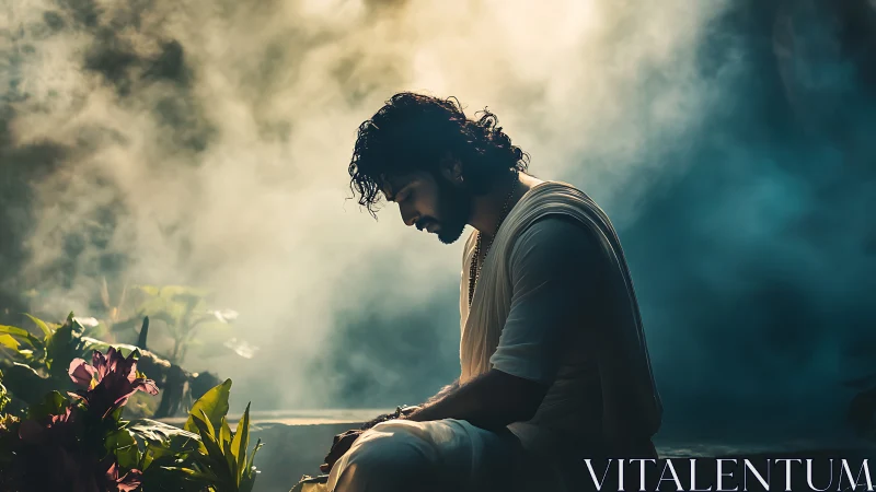 Solitary man in misty garden contemplates in golden light