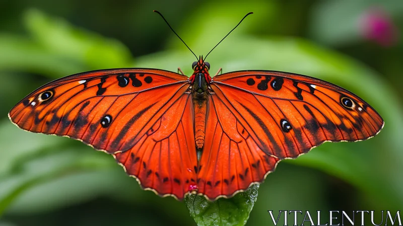 Crimson butterfly stretches luminous wings over soft green hush.