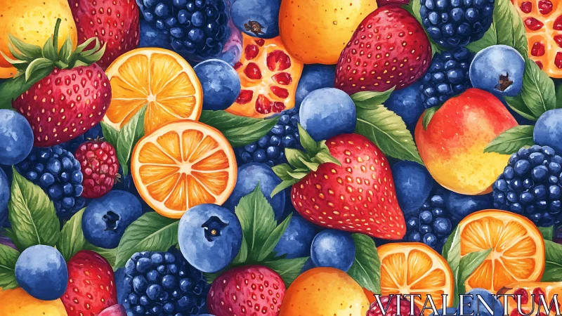 Vibrant watercolor composition of assorted ripe summer fruits.