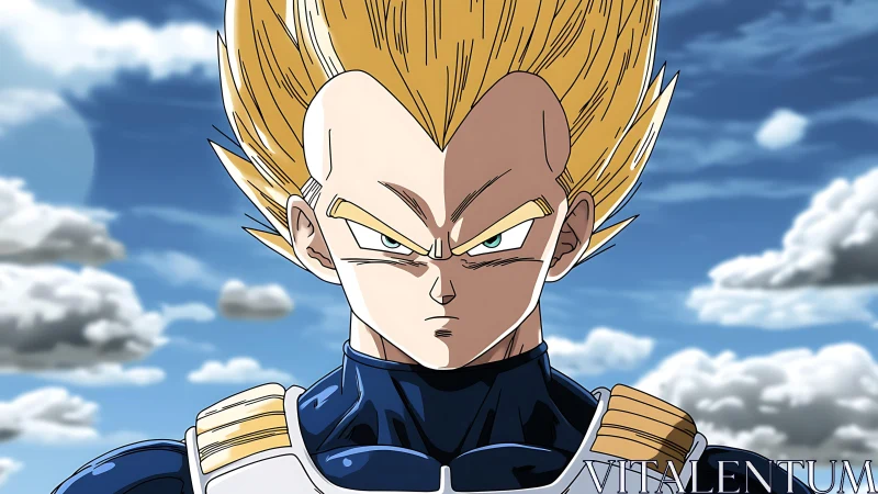 Saiyan warrior portrait under dramatic afternoon sky.
