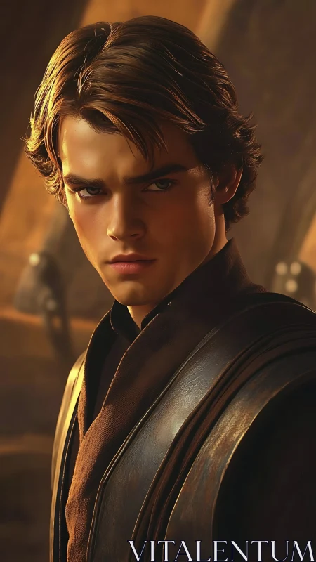 Cinematic young warrior portrait in warm dramatic lighting.