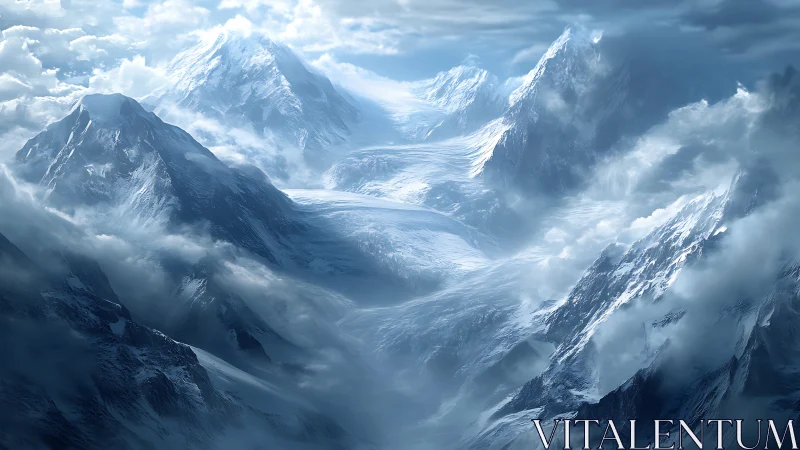 Snow-covered mountain range with dense clouds and mist.