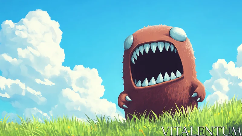Brown cartoon creature with open mouth in grassy field.