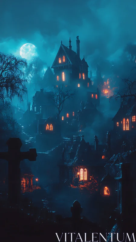 Moonlit gothic manor rising through fog-drenched graveyard.