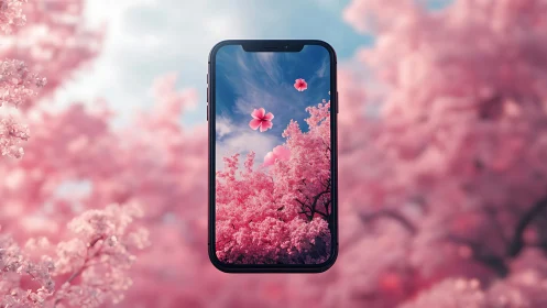 Smartphone against pink cherry blossoms in soft focus.