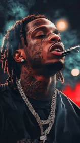 Smoke‑lit swagger portrait of tattooed rapper in neon haze.