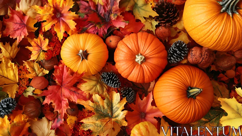 Pumpkins arranged on dense autumn foliage with pinecones and seedpods
